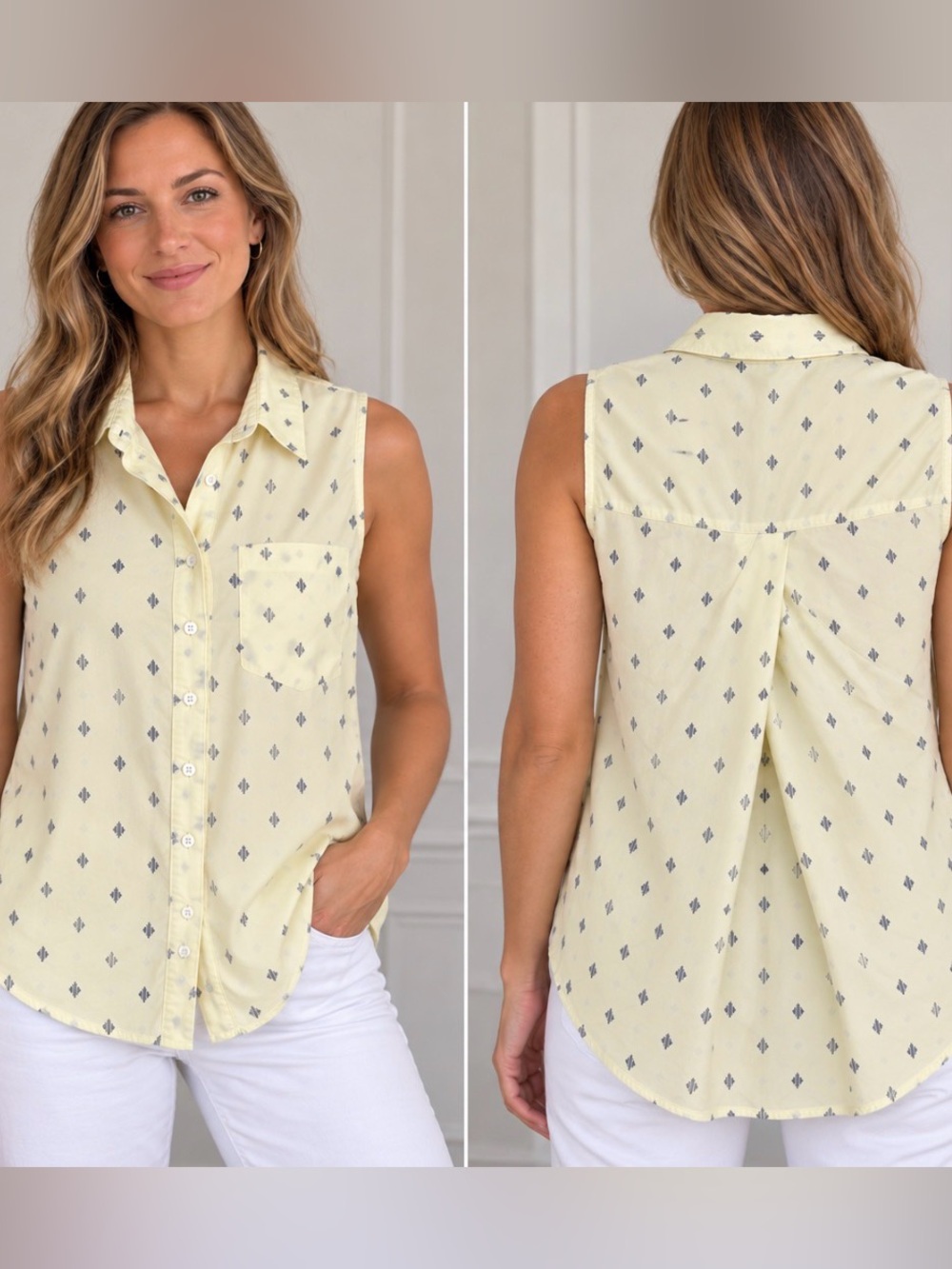 Banana Republic Pale Yellow Sleeveless Button-Front Blouse with Navy Motif Small
